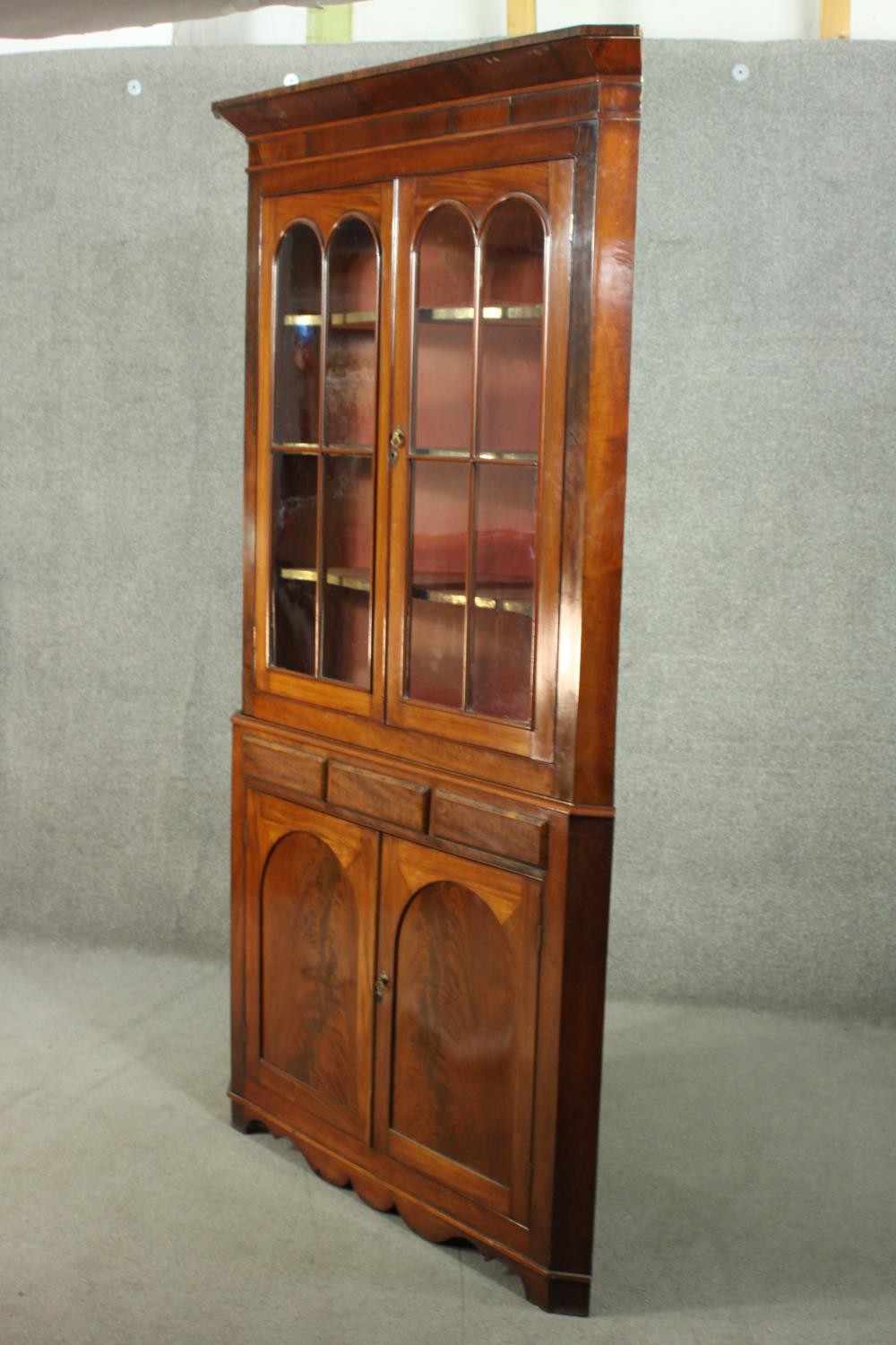A George III mahogany corner display cabinet, with two glazed doors, over three short drawers, above - Image 7 of 10