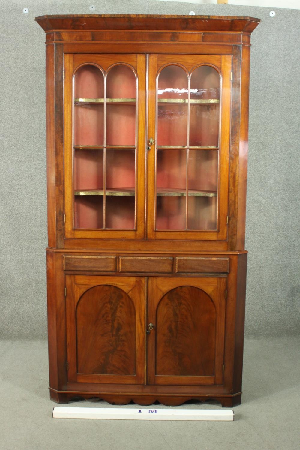 A George III mahogany corner display cabinet, with two glazed doors, over three short drawers, above - Image 2 of 10