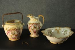 A Victorian three piece ceramic transfer design wash set, including wash bowl, jug and handled