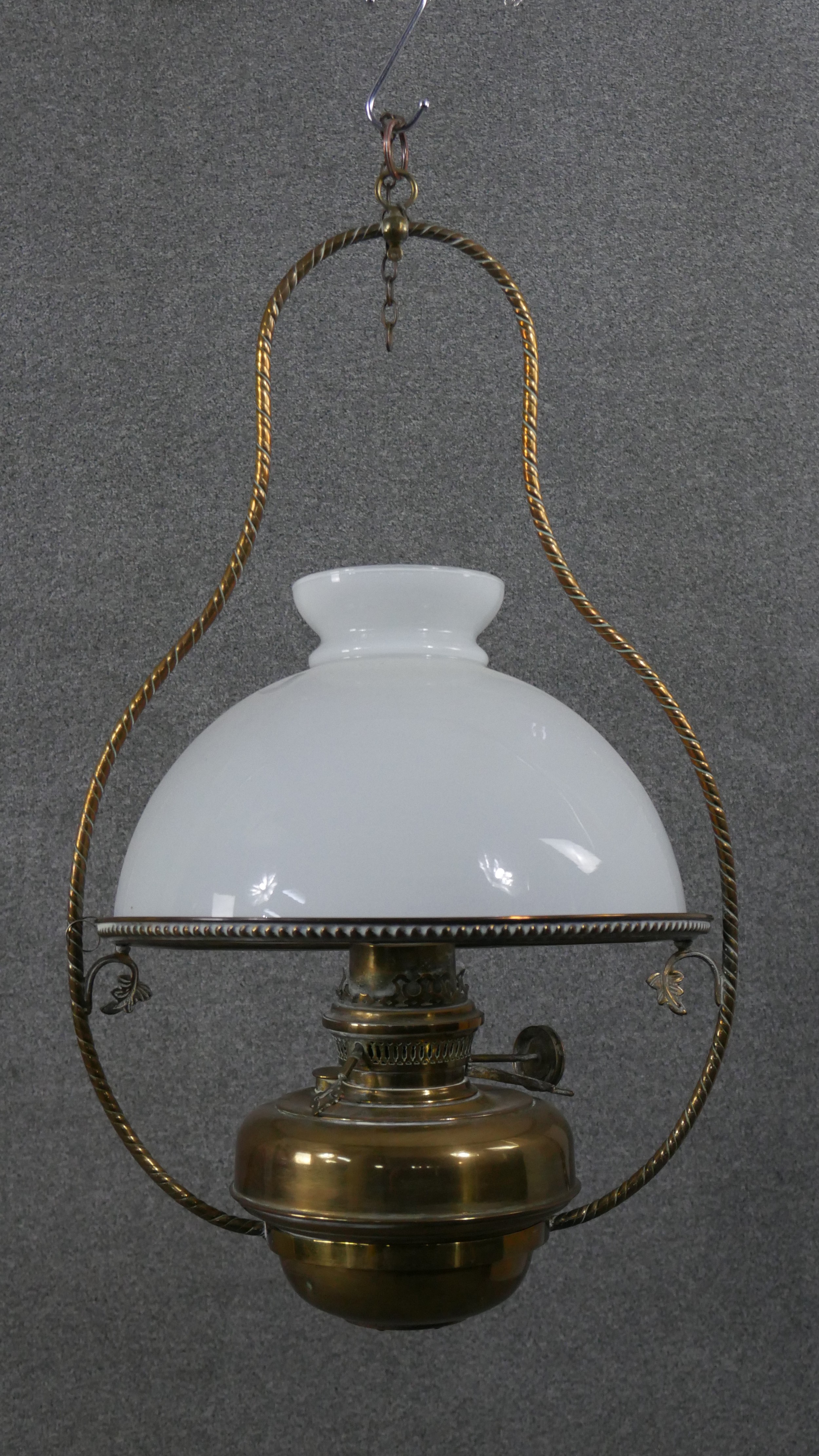 A 19th century hanging oil lamp with milk glass shade and a similar example with copper reservoir. - Image 10 of 17