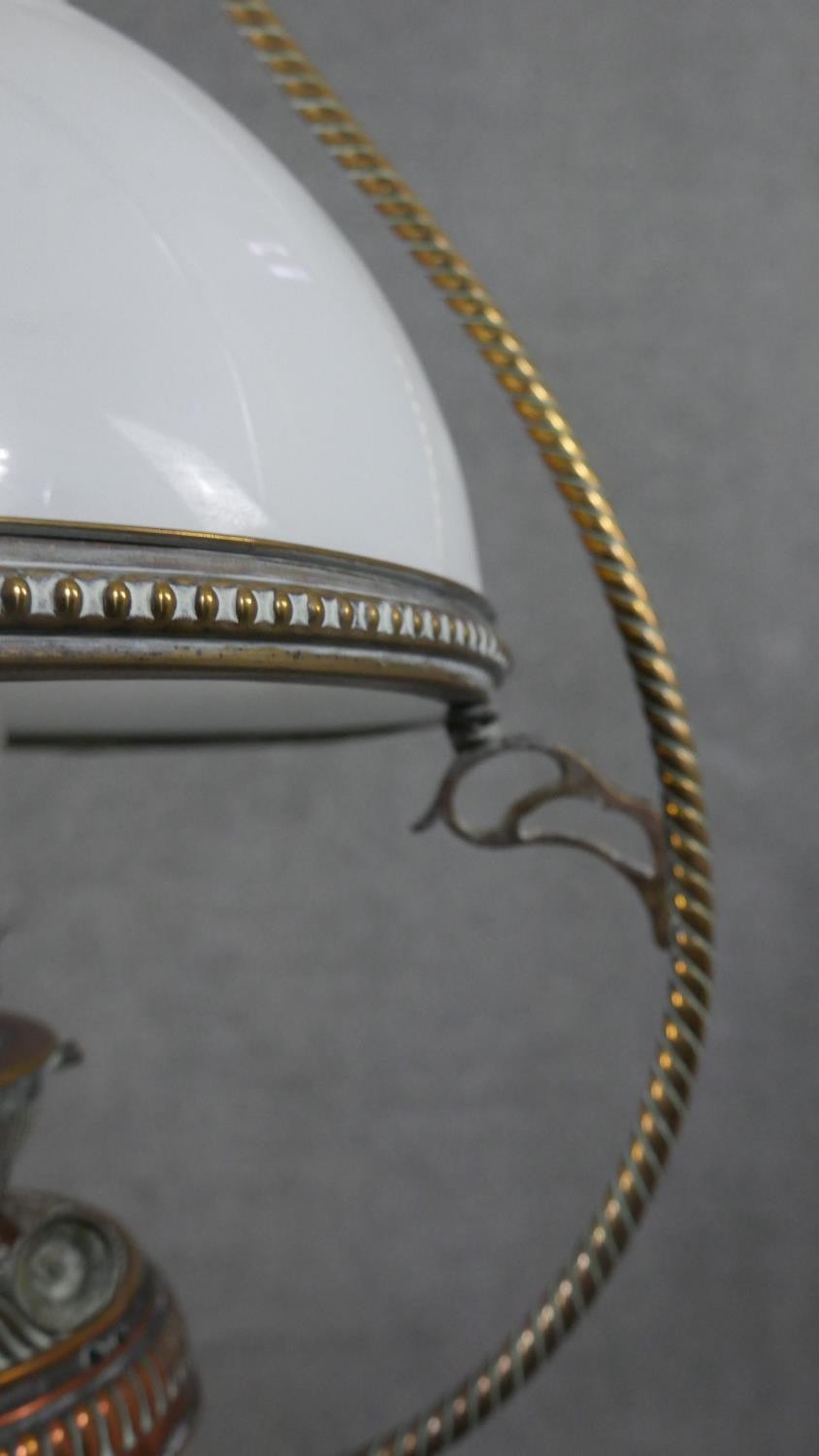 A 19th century hanging oil lamp with milk glass shade and a similar example with copper reservoir. - Image 6 of 17