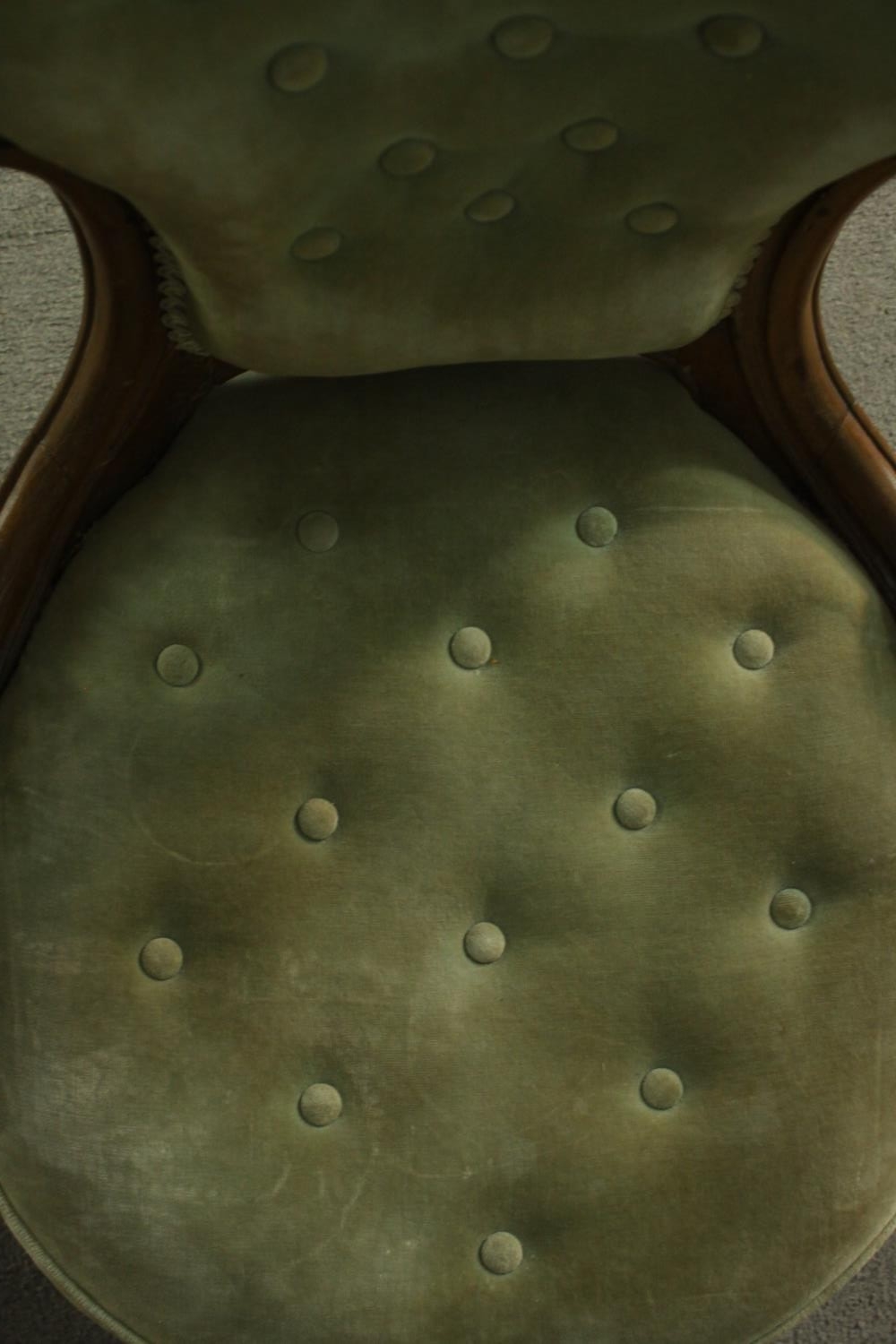 A late 19th century French walnut nursing chair, upholstered with green velour to the buttoned - Image 5 of 6