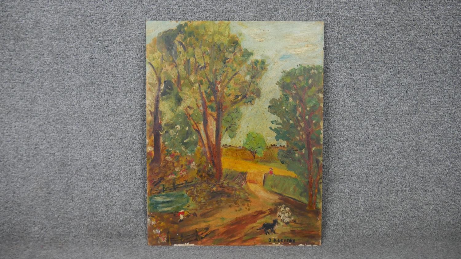 After Ben Levene, oil on board, country lane with sheep and sheepdog, signed B.D. Levene. H.45.5 W. - Image 2 of 7