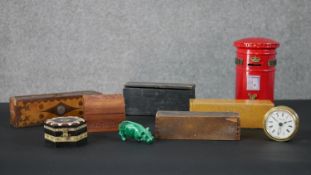 A collection of vintage and antique dominos, a pillar box money box, malachite hippo and other