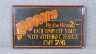 A vintage painted panel advertising rooms. H.45 W.75cm