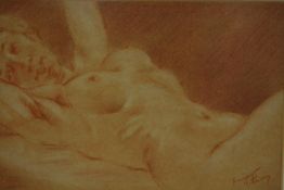 A framed and glazed pencil and crayon, nude study, indistinctly signed. H.33 W.43cm.