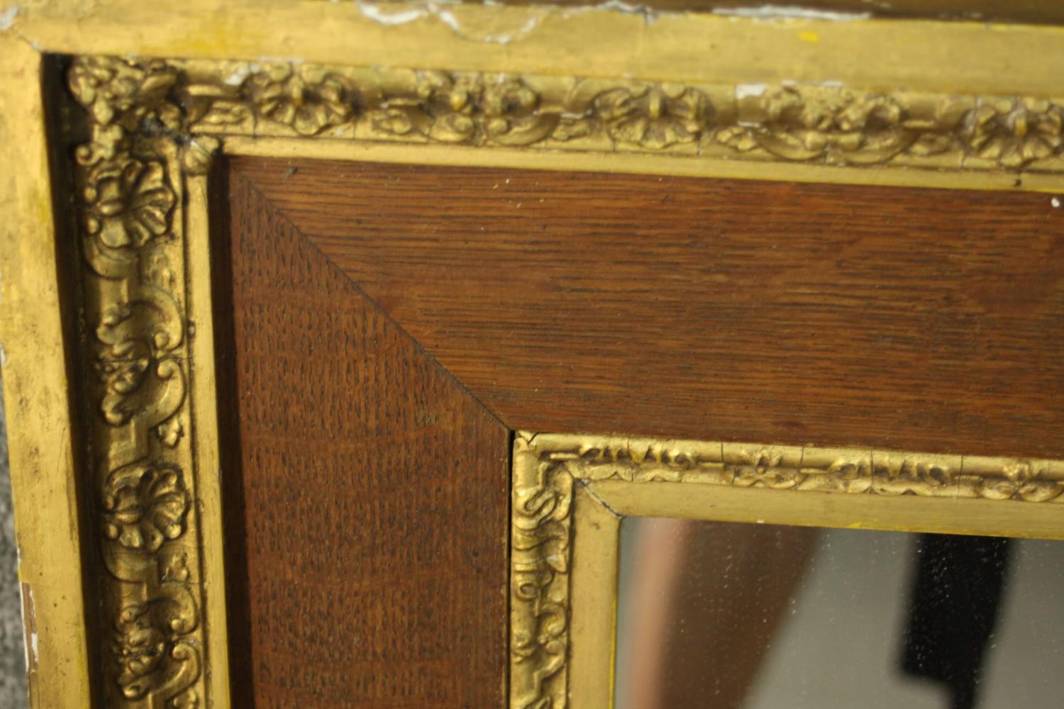 A 19th century oak and parcel gilt framed mirror, with a plain mirror plate, the frame with two - Image 3 of 6