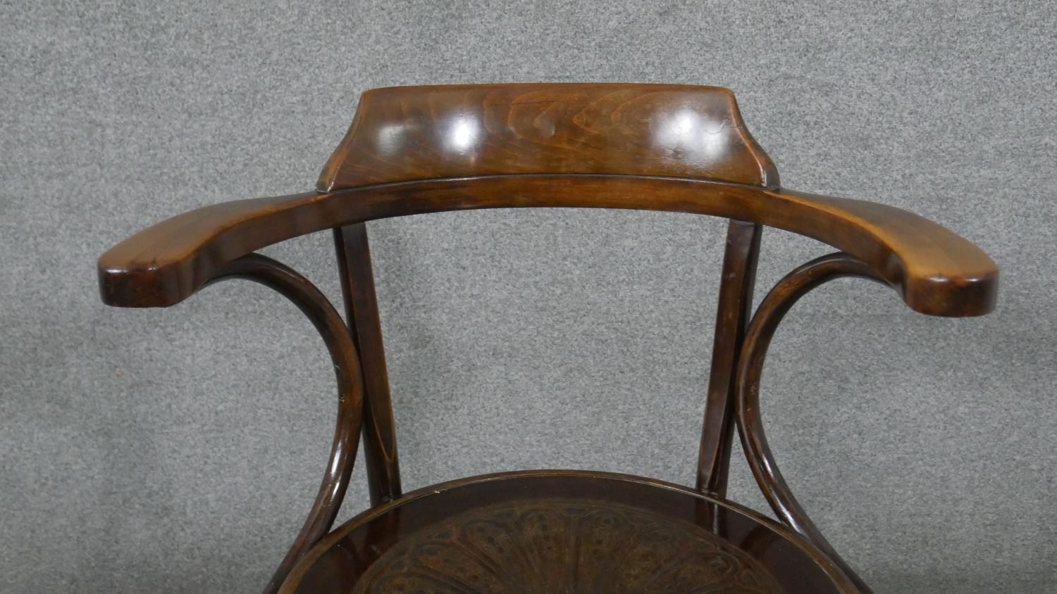 A late 19th/early 20th century Thonet style bentwood open armchair, with a circular pokerwork seat - Image 4 of 8