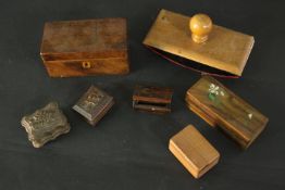 A 19th century mahogany caddy, a Black Forest type box along with four other boxes and an ink