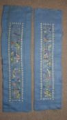 Two 19th century Chinese silk embroidered panels, blue ground with ladies in traditional dress