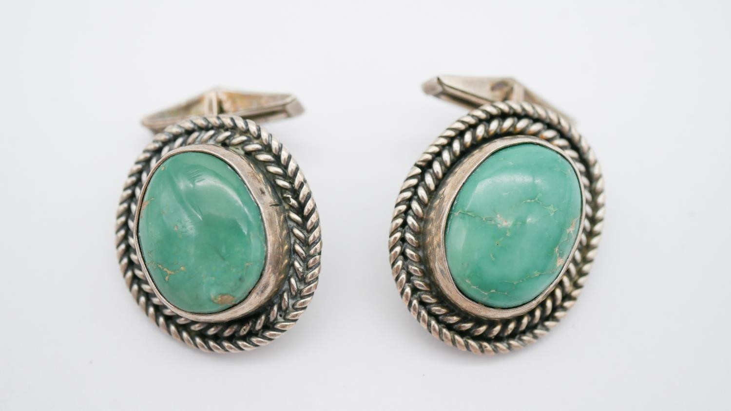 Two sets of silver cufflinks. One set with oval Turquoise cabochons with a combined approximate - Image 2 of 11