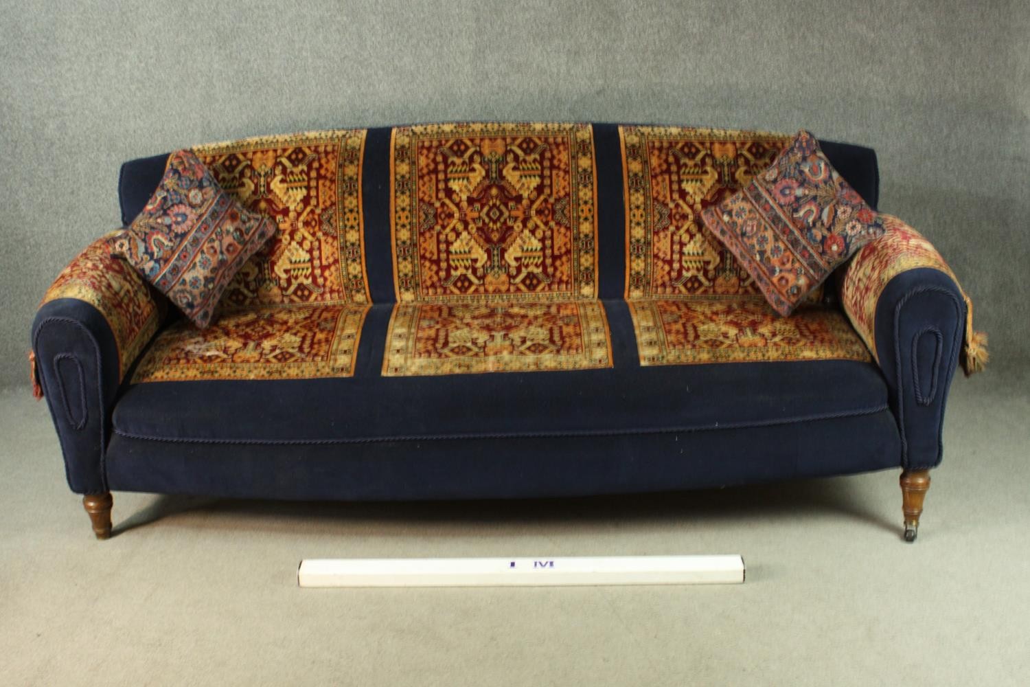 A late Victorian sofa, upholstered in blue velour, with sections of a Persian Sarouk rug to the - Image 2 of 8