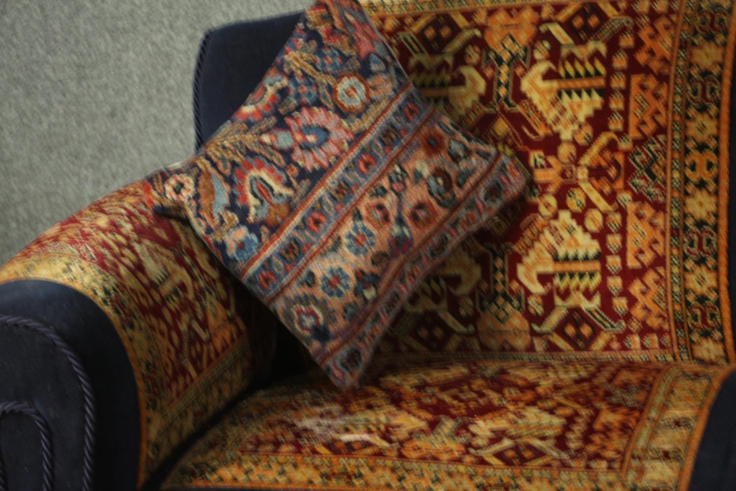 A late Victorian sofa, upholstered in blue velour, with sections of a Persian Sarouk rug to the - Image 5 of 8