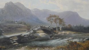 A 19th century gilt framed oil on canvas, bridge over a highland stream in a landscape, unsigned.