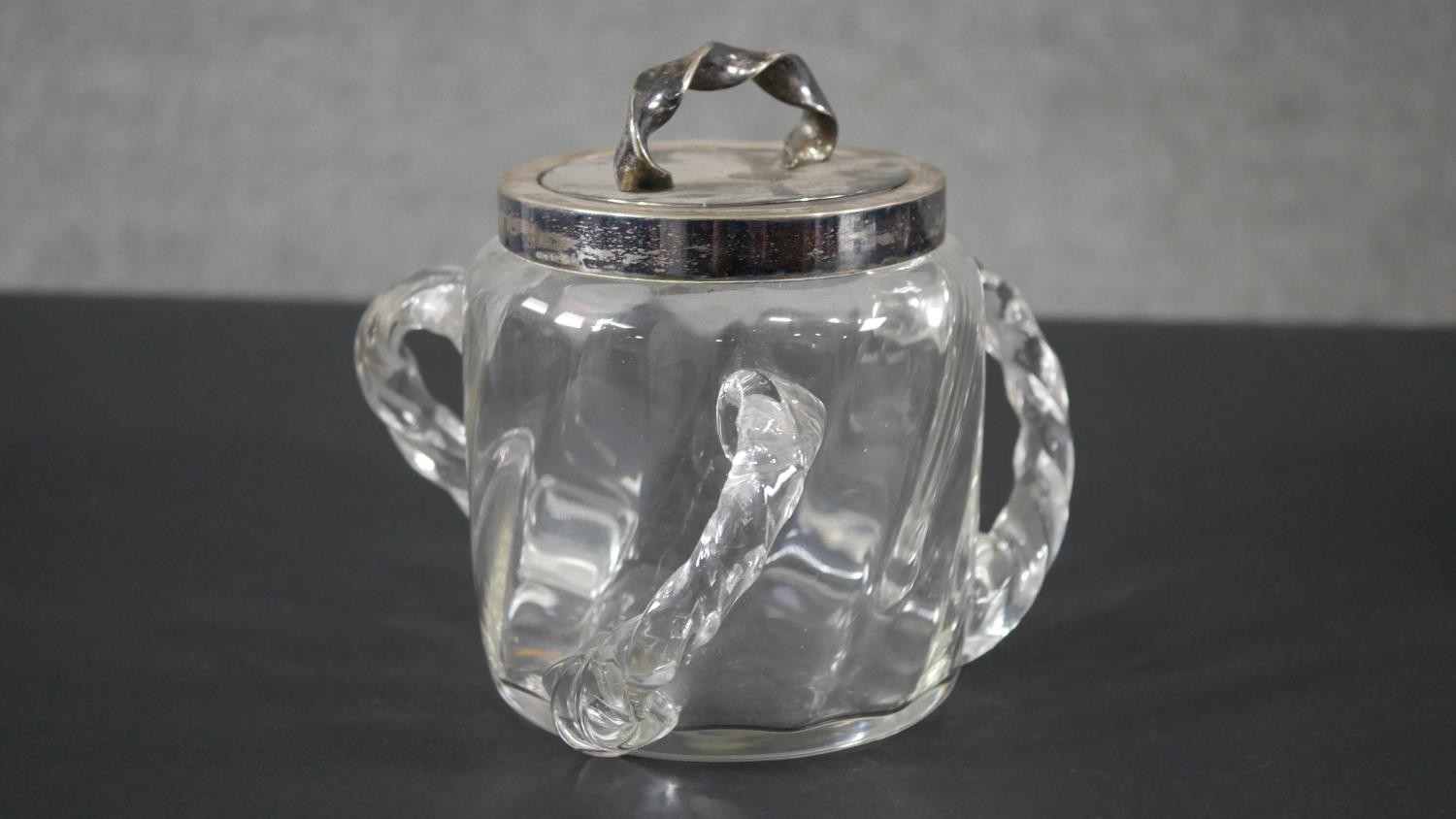 A Victorian silver plated three handled blown glass lidded biscuit barrel along with a Christoffel - Image 3 of 8