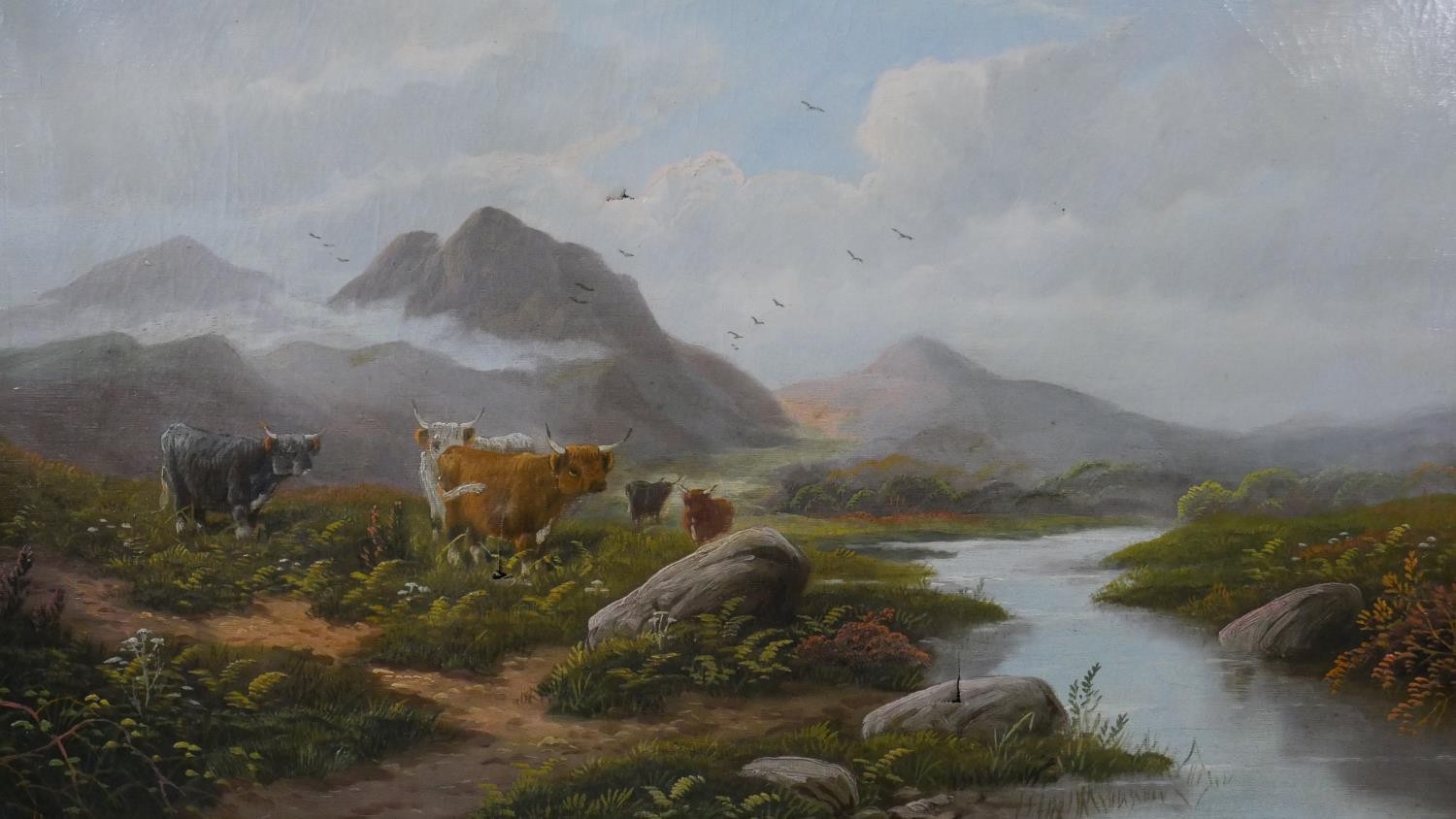 A 19th century gilt framed oil on canvas, highland cattle by a stream in a landscape, signed Weston.