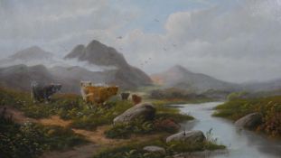 A 19th century gilt framed oil on canvas, highland cattle by a stream in a landscape, signed Weston.