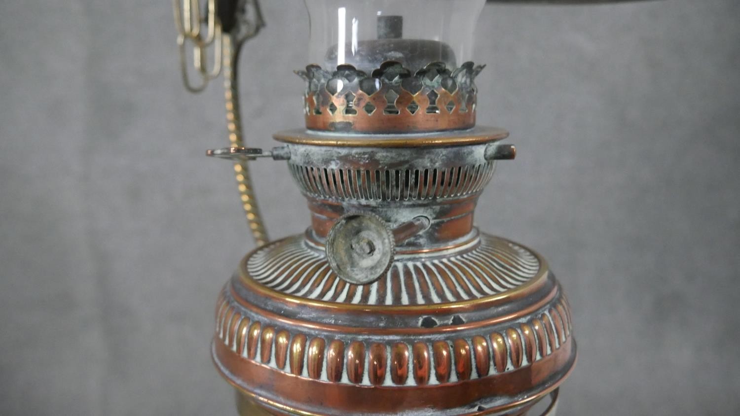 A 19th century hanging oil lamp with milk glass shade and a similar example with copper reservoir. - Image 3 of 17