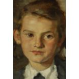 Josef William Weis, oil on board portrait of young girl. Signed and label verso. H.42 W.45cm.