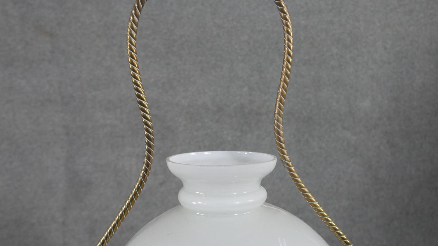 A 19th century hanging oil lamp with milk glass shade and a similar example with copper reservoir. - Image 7 of 17