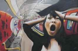 George Belcher, oil on canvas, 'Scream on the Underground', signed and label verso. H.70.5 W.76cm