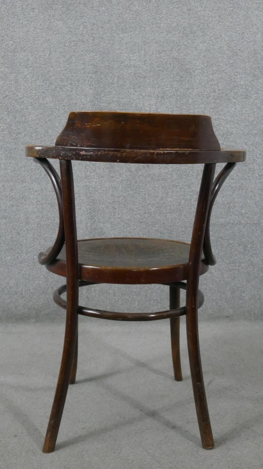 A late 19th/early 20th century Thonet style bentwood open armchair, with a circular pokerwork seat - Image 7 of 8