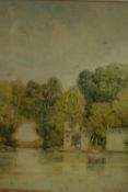 John Fullwood (1854-1931), a framed and glazed watercolour, lake house with figures and a punt,