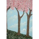 Joe Machine (British b. 1973), Three Cherry Trees in Blossom, acrylic on canvas, signed lower right,
