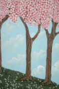 Joe Machine (British b. 1973), Three Cherry Trees in Blossom, acrylic on canvas, signed lower right,