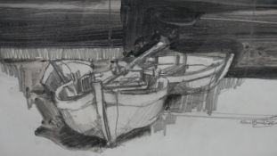 A framed and glazed pencil and watercolour study of rowing boats, signed Robert Jacob '75. H.49 W.