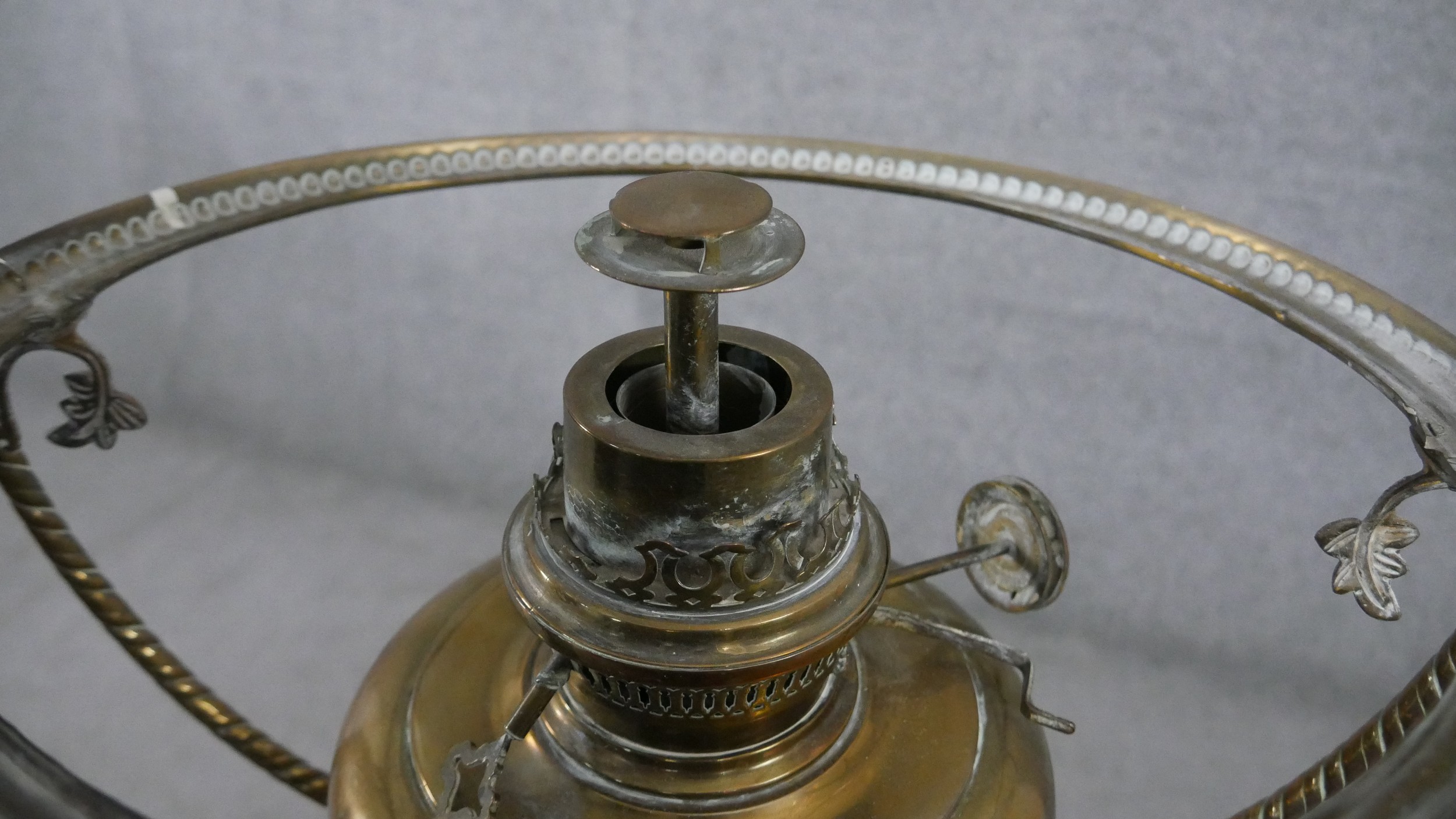 A 19th century hanging oil lamp with milk glass shade and a similar example with copper reservoir. - Image 16 of 17