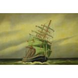 A framed oil on canvas of a three mast schooner in full sail on the sea. Signed Alring. H.38 W.68cm.
