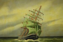 A framed oil on canvas of a three mast schooner in full sail on the sea. Signed Alring. H.38 W.68cm.