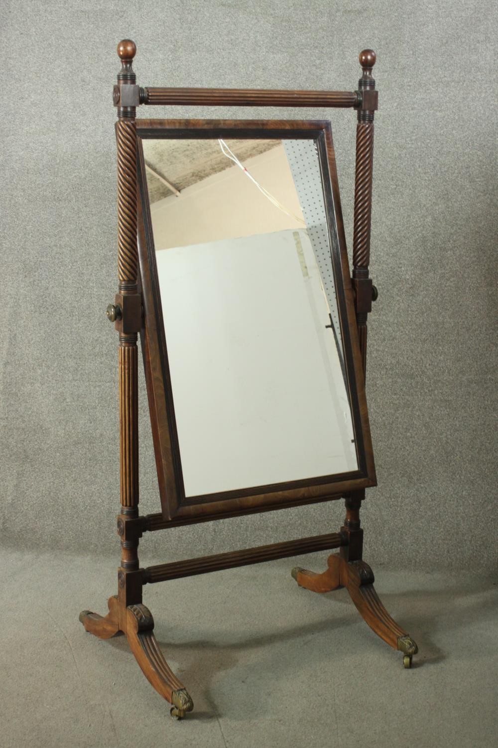 A George III mahogany cheval mirror, with a wrythen and reeded frame, set with a modern mirror - Image 3 of 13