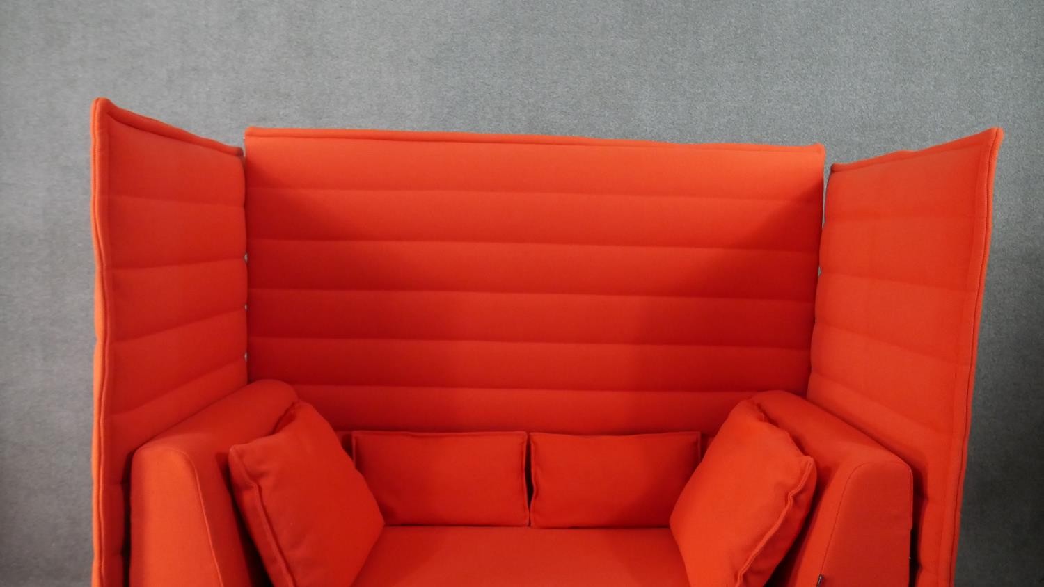 A contemporary Vitra Alcove High Back two seater sofa, upholstered in red fabric, with loose - Image 4 of 8