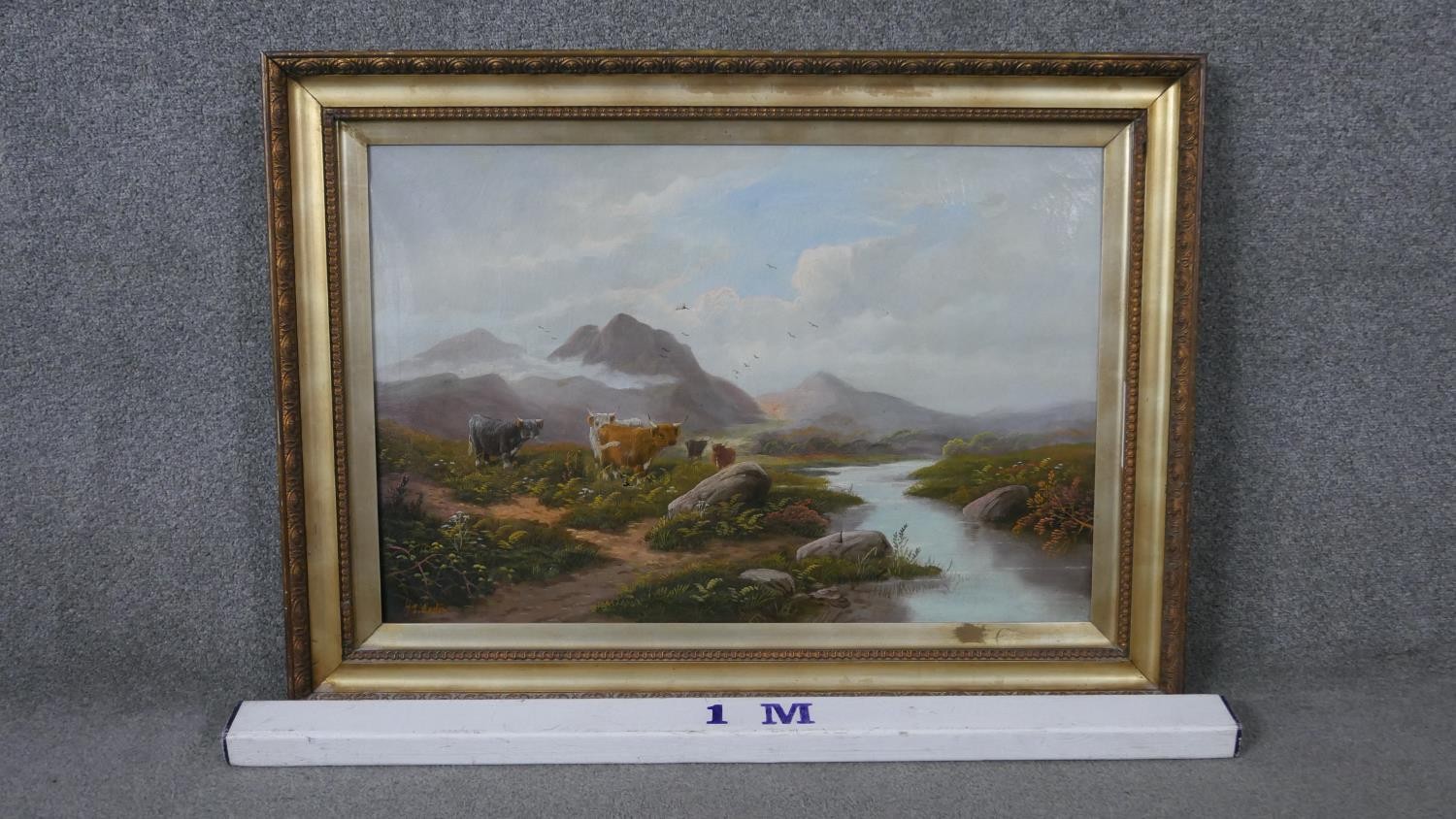 A 19th century gilt framed oil on canvas, highland cattle by a stream in a landscape, signed Weston. - Image 3 of 9