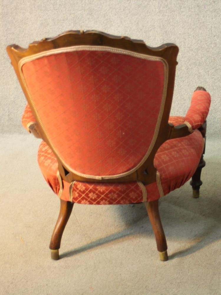 A late 19th century carved mahogany armchair in geometric floral upholstery on fluted tapering - Image 3 of 4