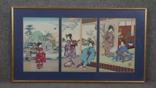 Nobukazu Yosai, Japanese (1874 - 1944), woodblock print triptych, 'Beauties are admiring plum