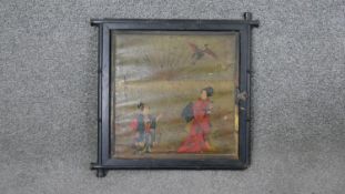 An Aesthetic movement Japanese style mirror, with an ebonised faux bamboo frame, decorated with