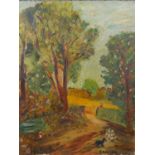 After Ben Levene, oil on board, country lane with sheep and sheepdog, signed B.D. Levene. H.45.5 W.