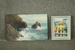 An unframed 19th century oil on panel, seascape and a mid century framed oil painting, Continental