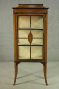An Edwardian walnut display cabinet, with a gallery top, over a glazed door and sides, enclosing