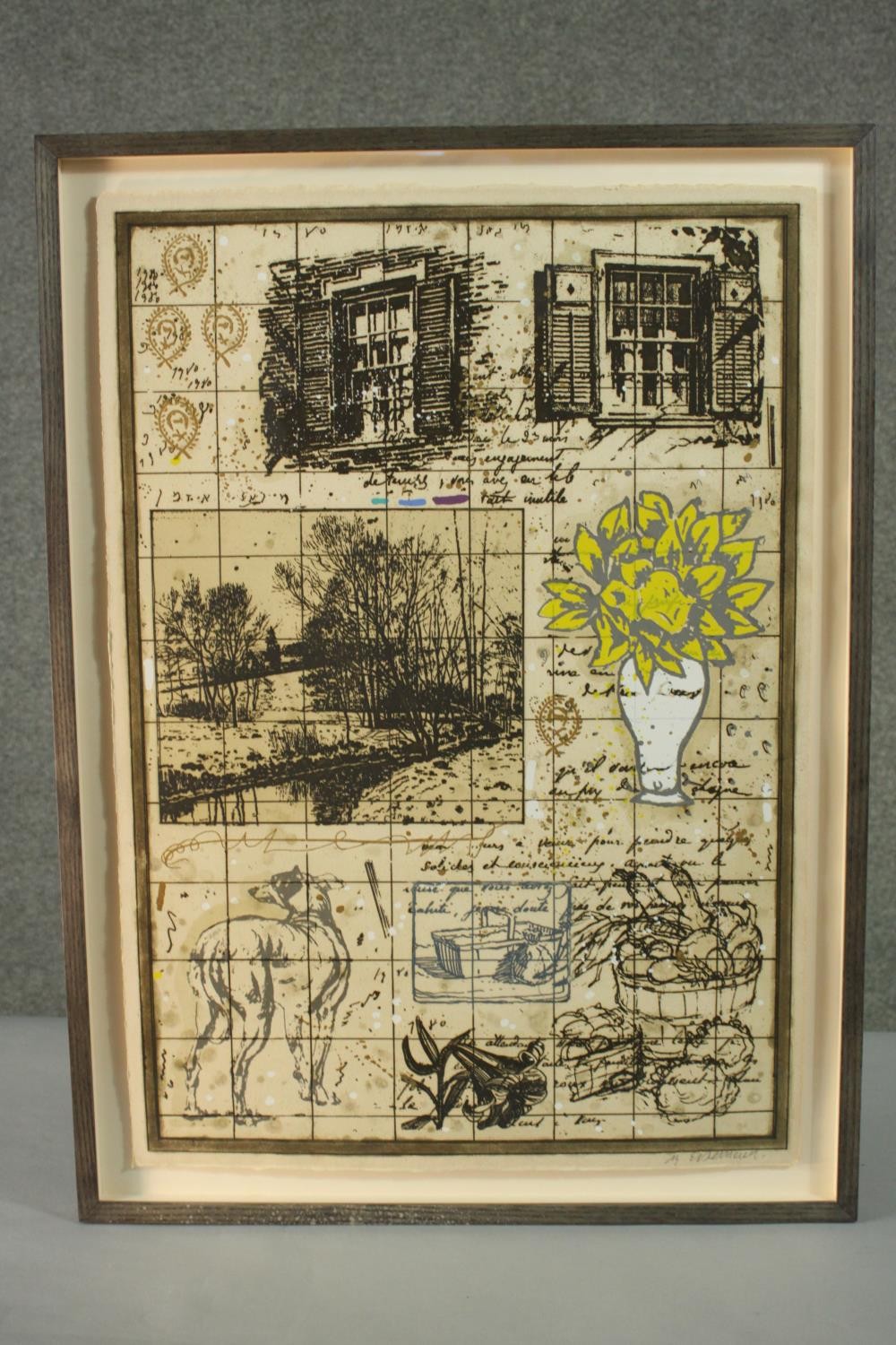 A framed and glazed coloured lithographic print depicting dogs, flowers and architectural details, - Image 2 of 6