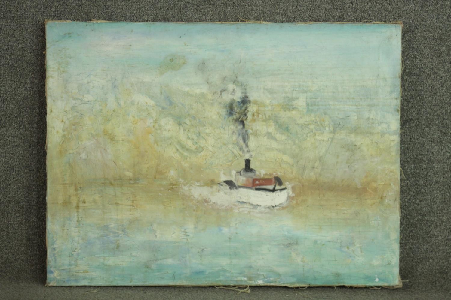 An unframed oil on canvas of a steam ship on the sea, unsigned. H.57 W.74cm. - Image 2 of 4