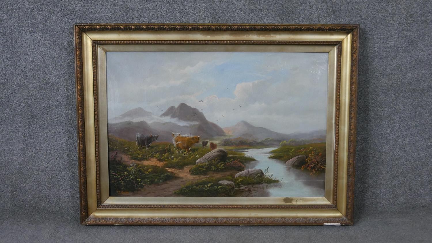 A 19th century gilt framed oil on canvas, highland cattle by a stream in a landscape, signed Weston. - Image 2 of 9