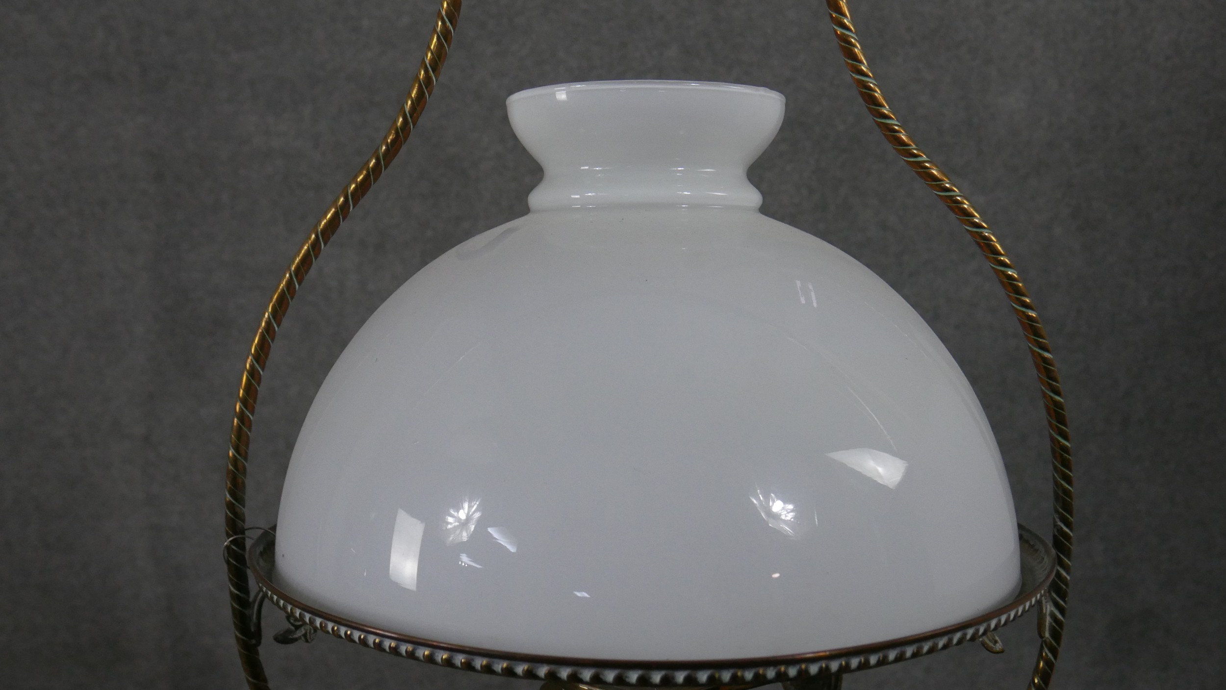 A 19th century hanging oil lamp with milk glass shade and a similar example with copper reservoir. - Image 13 of 17