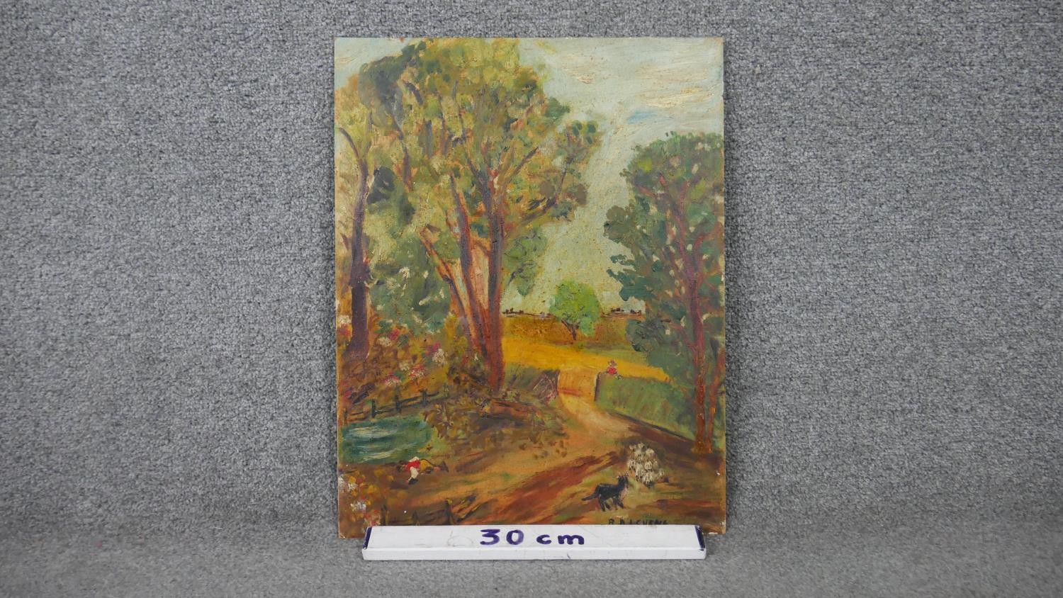 After Ben Levene, oil on board, country lane with sheep and sheepdog, signed B.D. Levene. H.45.5 W. - Image 3 of 7