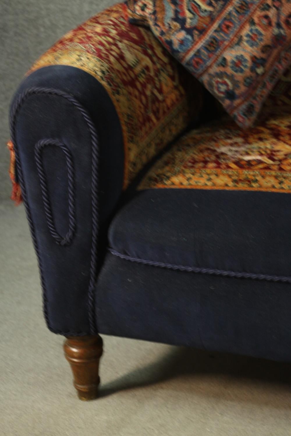 A late Victorian sofa, upholstered in blue velour, with sections of a Persian Sarouk rug to the - Image 7 of 8