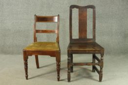 A late 17th century and later oak splat back dining chair, with a solid seat, on turned and square