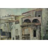 An unframed oil on canvas on board of buildings, signed S. Dyas, dated 88. H.77 W.90cm.